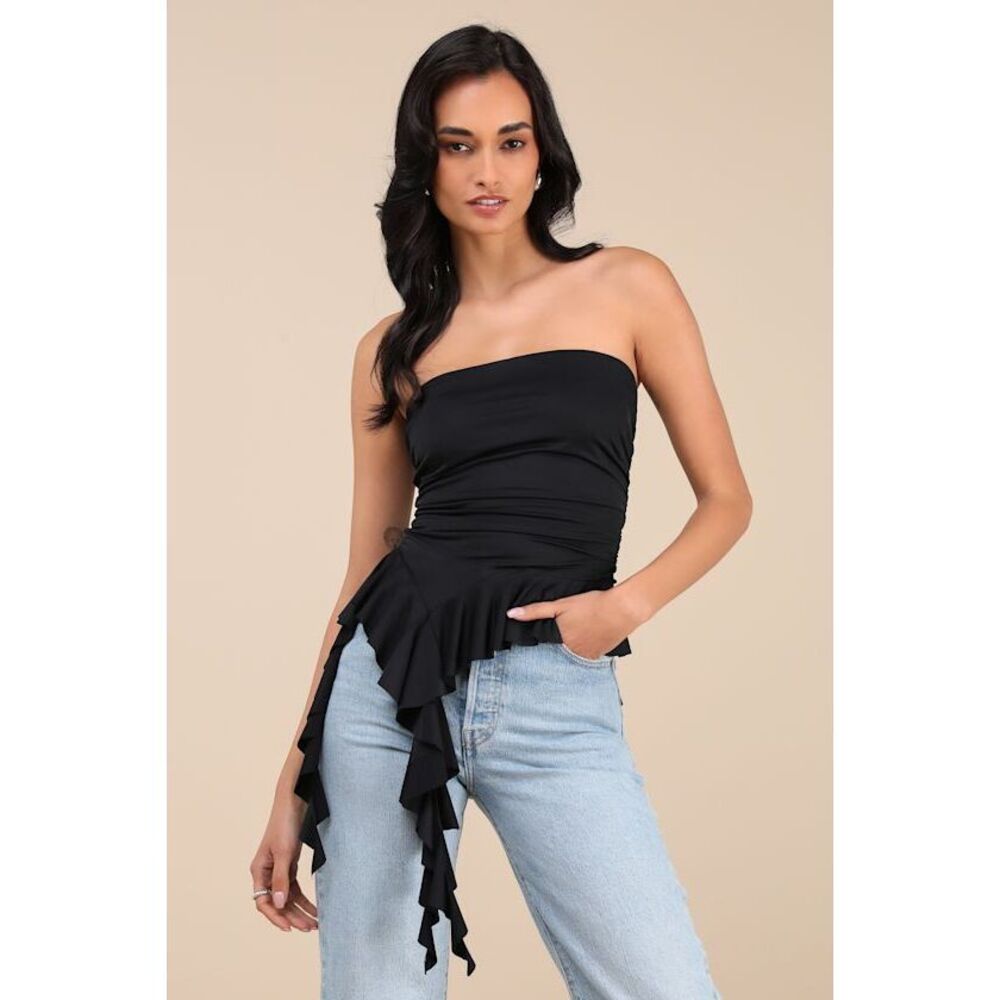 Lulus Upfront Chicness Black Asymmetrical Ruffled Strapless Top - Size L